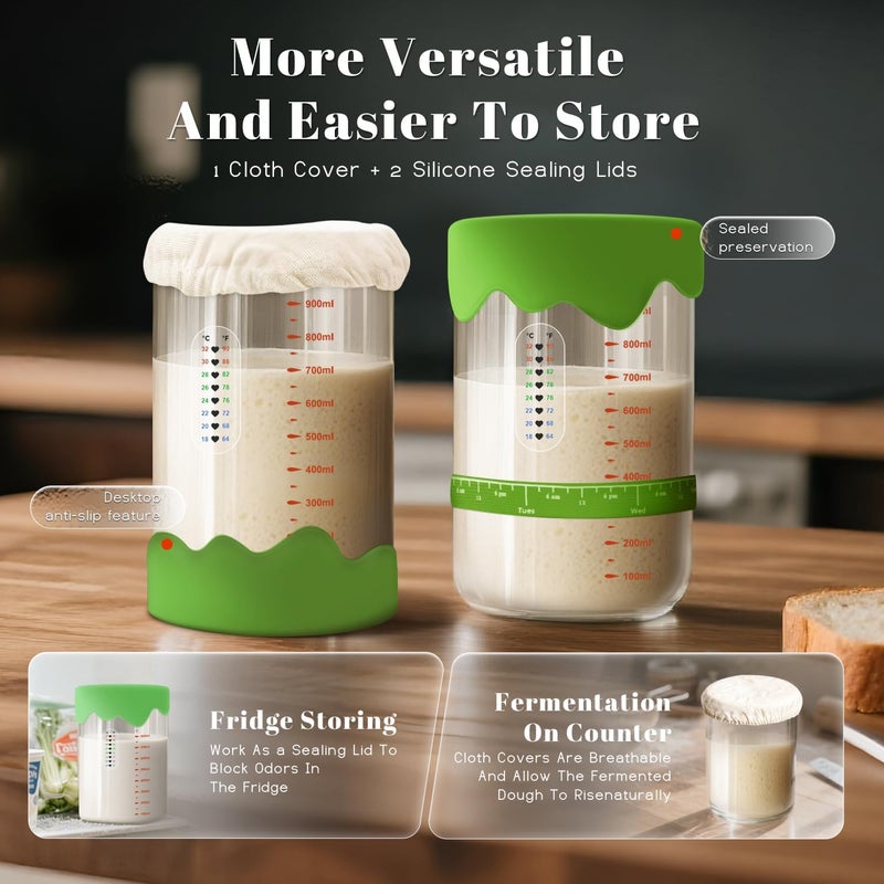 Solisifime Pro Sourdough Starter 10-In-1 Kit – 34 Oz Glass Jar With Lid, Cloth Cover, Date Band, Brush, Temp Strip, Silicone Spatula, Heating Mat – Sourdough Bread Baking Supplies, Glass Container, Green - Image 4